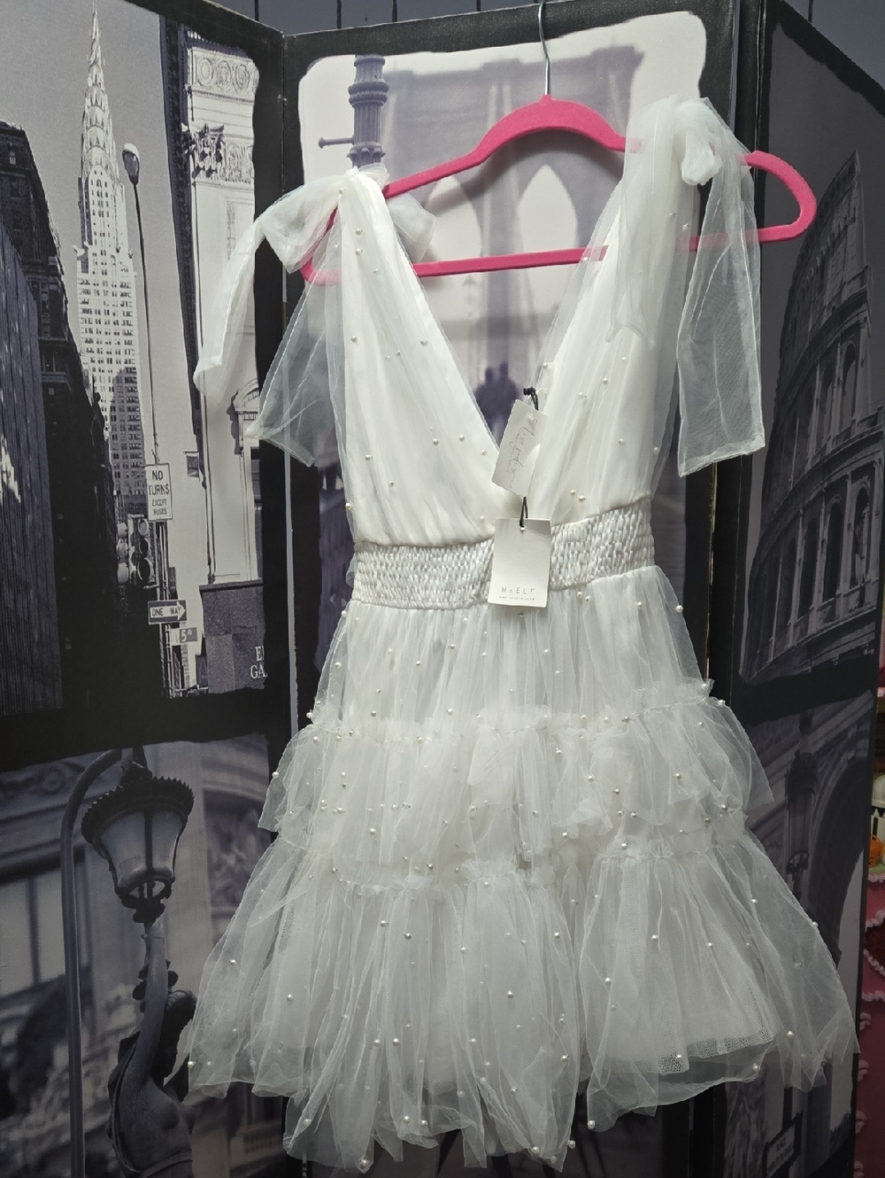MARBLE White Tiered Tulle Dress with Pearl Embellishments